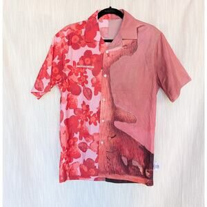 Kidsofbrokenfuture Kardi Pink Printed V-neck Logo Short Sleeve Button Shirt